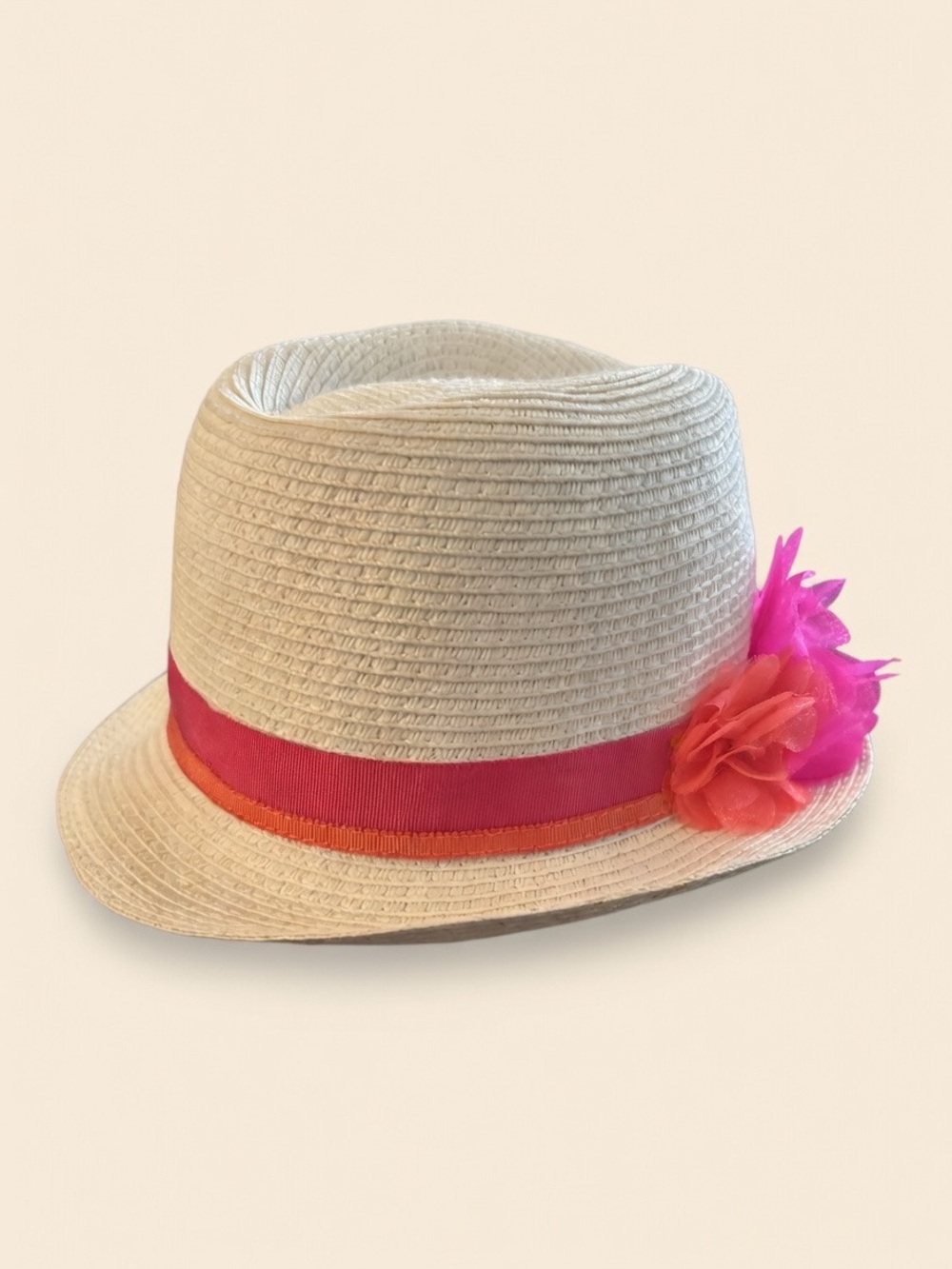 ⁠Juicy Couture Vintage 2012 Straw Fedora Hat Pink Flower Trim⁠